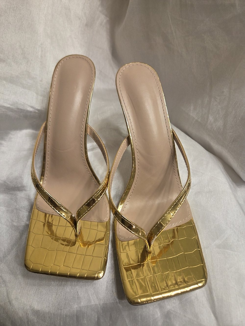 Gold Metallic Square-Toe Thong Sandals - Women